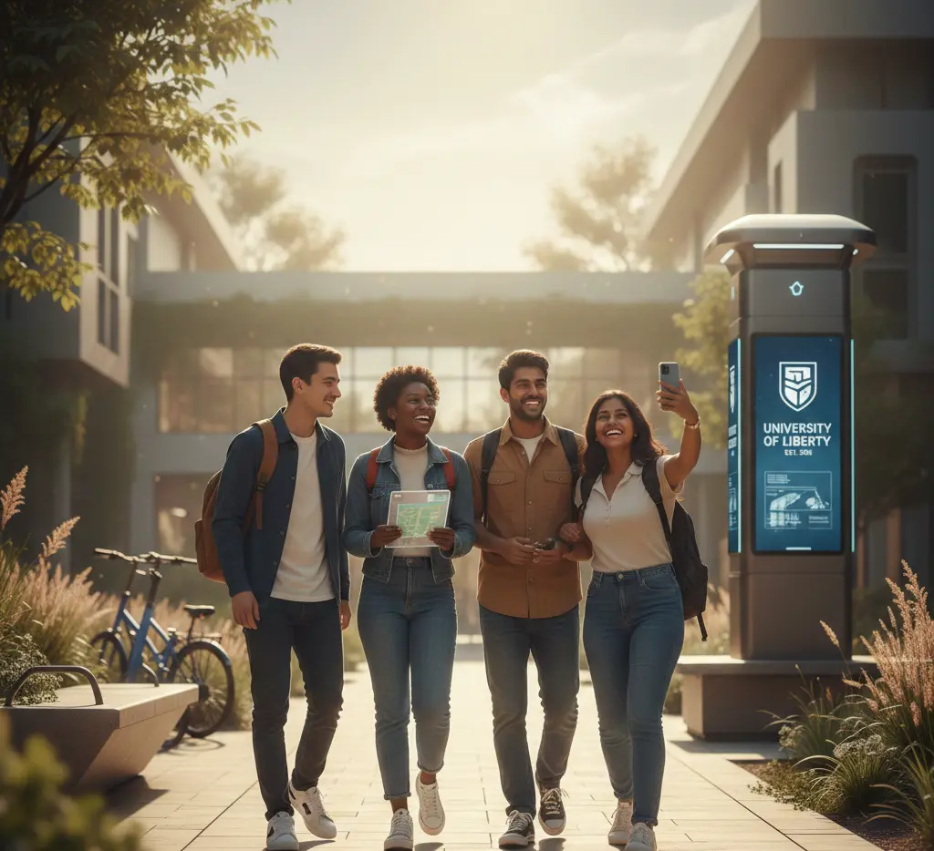 Diverse international students walking on a sunny university grounds during 2026 American campus life.