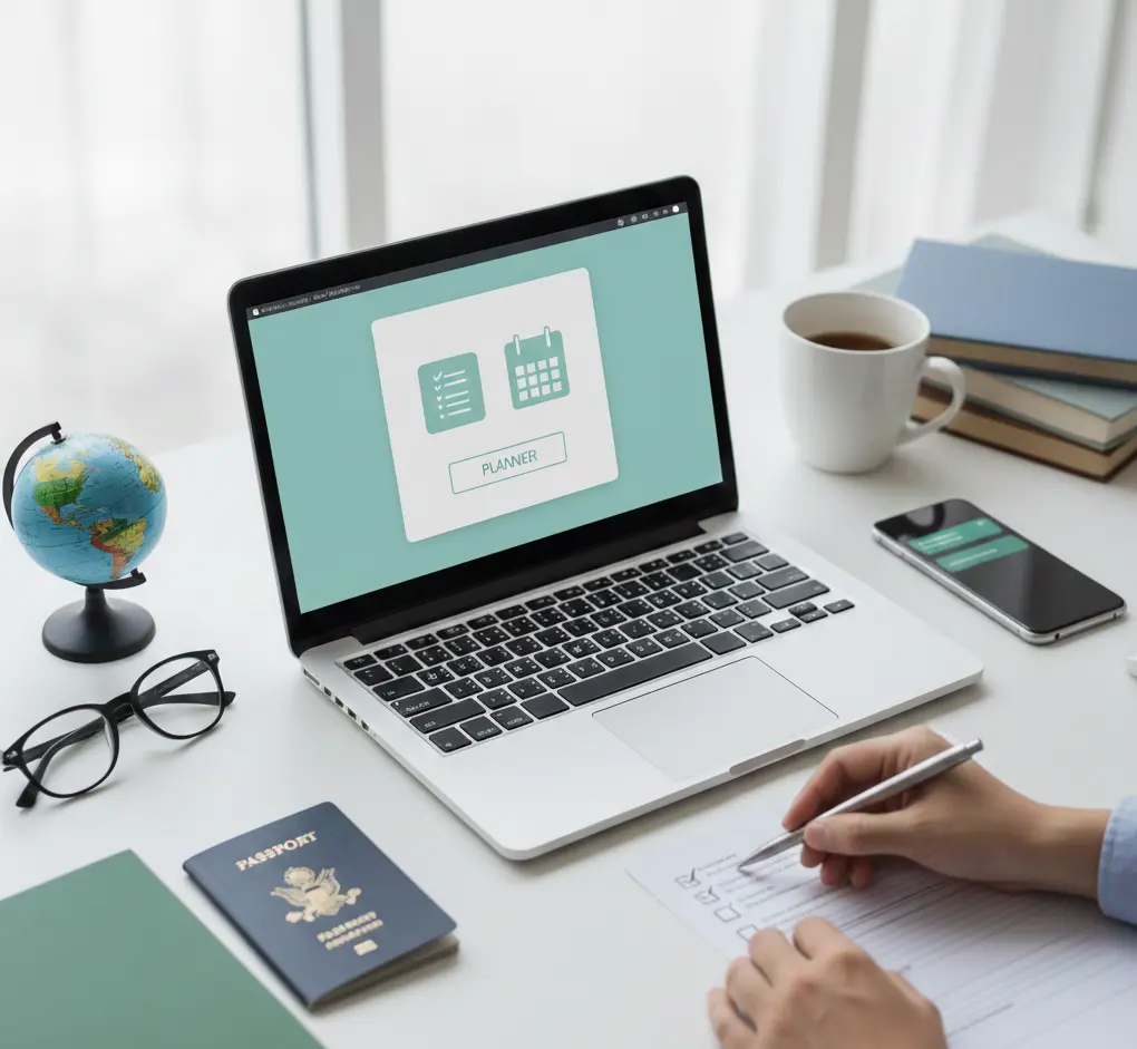 International student toolkit featuring a laptop with a planner, a US passport, and a study checklist on a white desk.