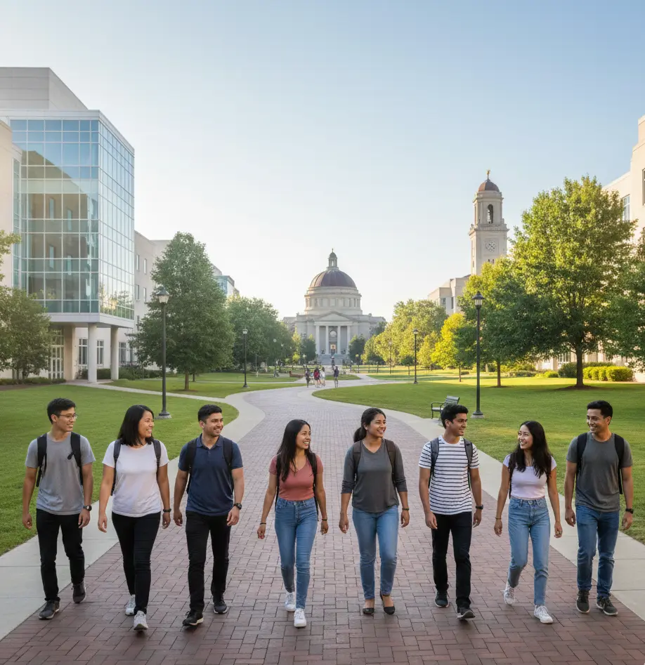 International students walking on a sunny campus of one of the best US universities in 2026.