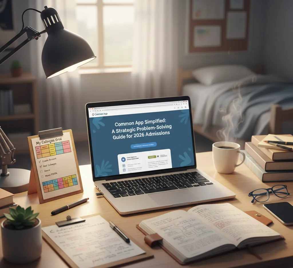 A laptop on a desk displaying a Common App 2026 guide on the screen, surrounded by study materials, a steaming coffee cup, and a college application checklist.