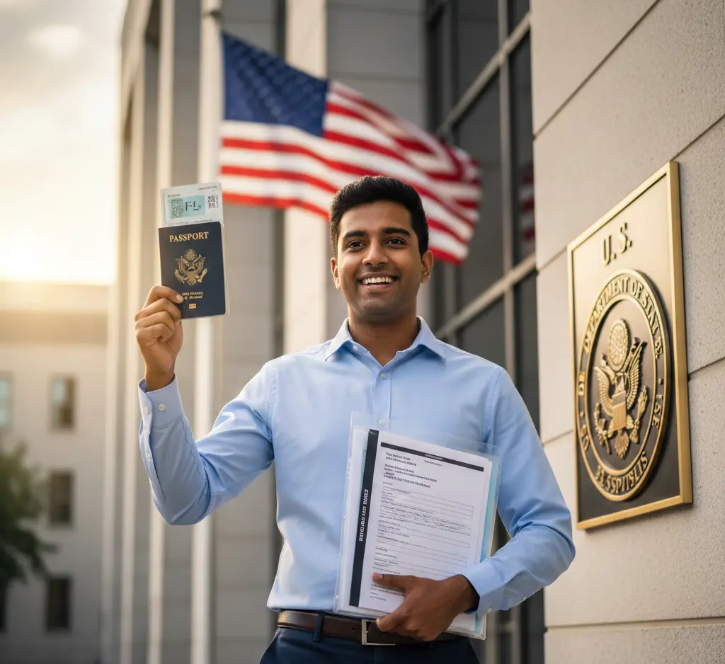 Happy international student holding an approved F-1 visa and signed I-20 form outside a U.S. Consulate, representing F-1 Visa Success 2026.