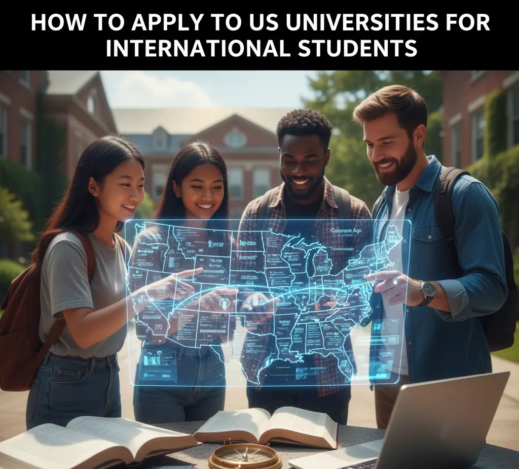 How to apply to US universities for international students guide with students looking at a USA map.