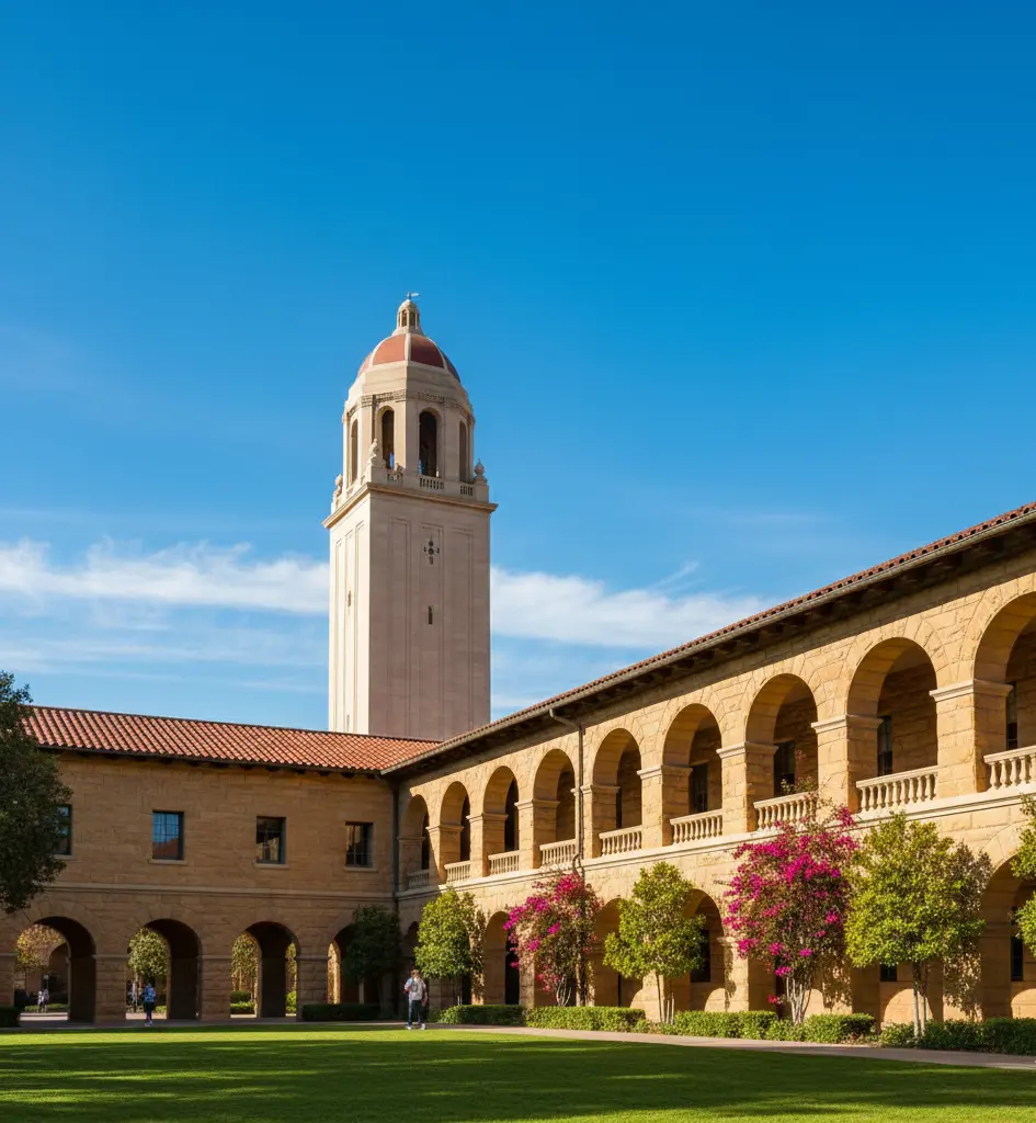 Stanford University Main Quad featuring historic sandstone arches and Hoover Tower for international students.