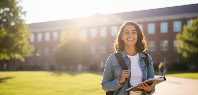 A student on a sunlit American university campus planning to study in the USA in 2026.