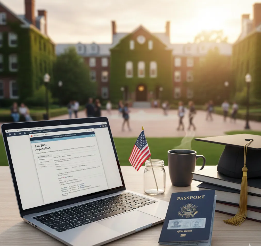 Comprehensive 2026 guide for international students planning to study in the USA featuring university application and visa documents.