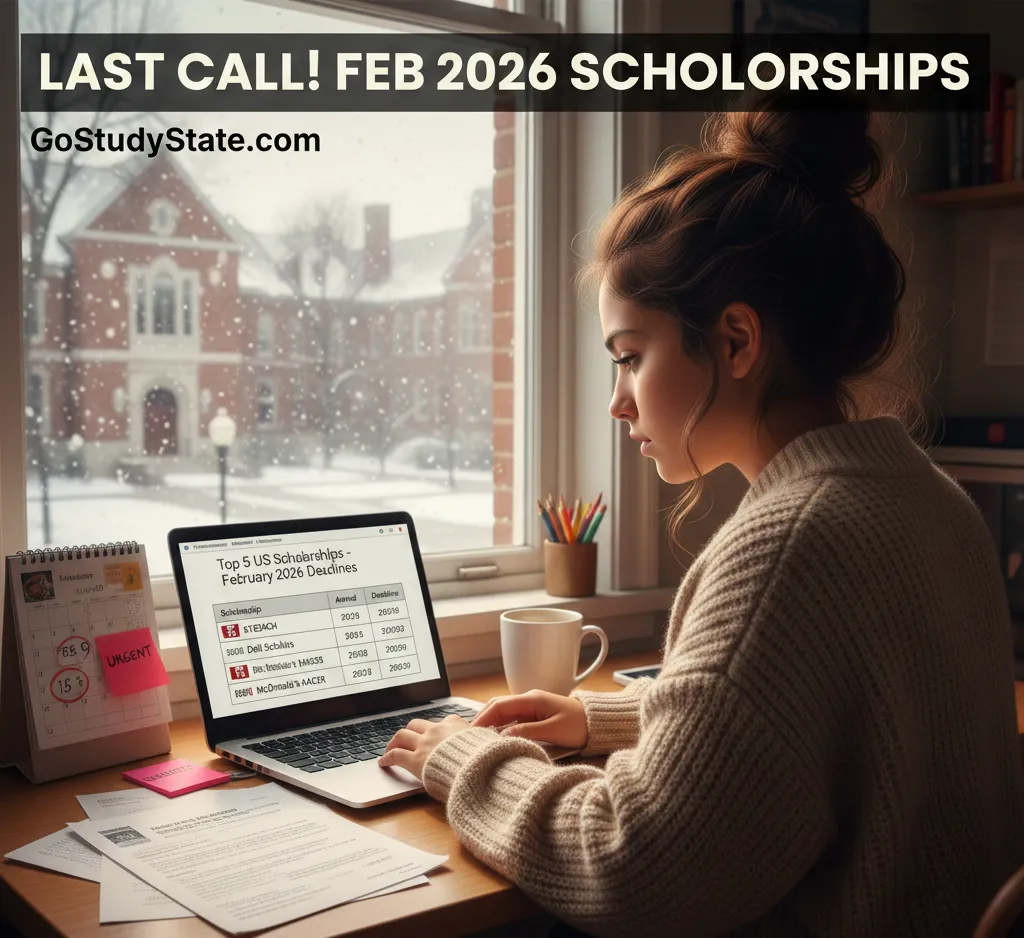 A student researching US scholarship deadlines for February 2026 on a laptop.