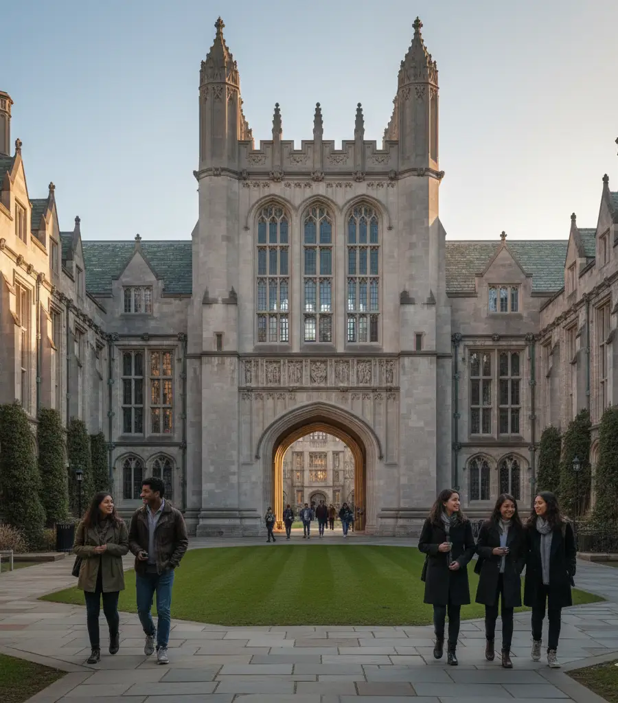 International students walking through a historic stone Collegiate Gothic courtyard at Yale University.