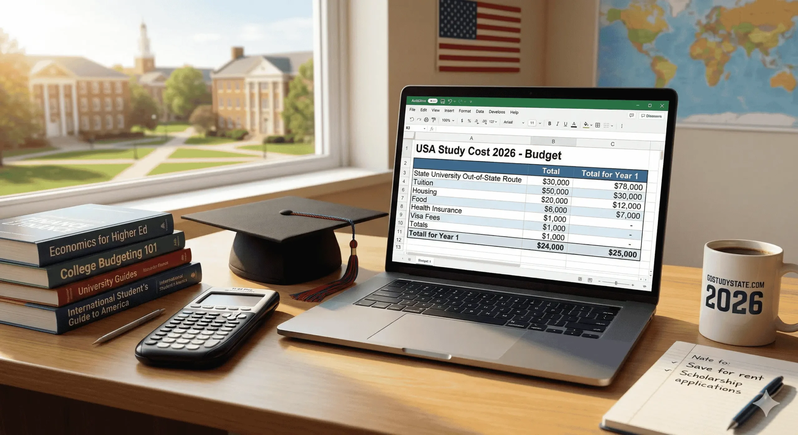 Laptop with budget spreadsheet, graduation cap, and calculator for USA Study Cost 2026.