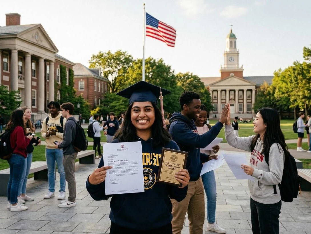 A happy student holding a scholarship to study in USA for free.