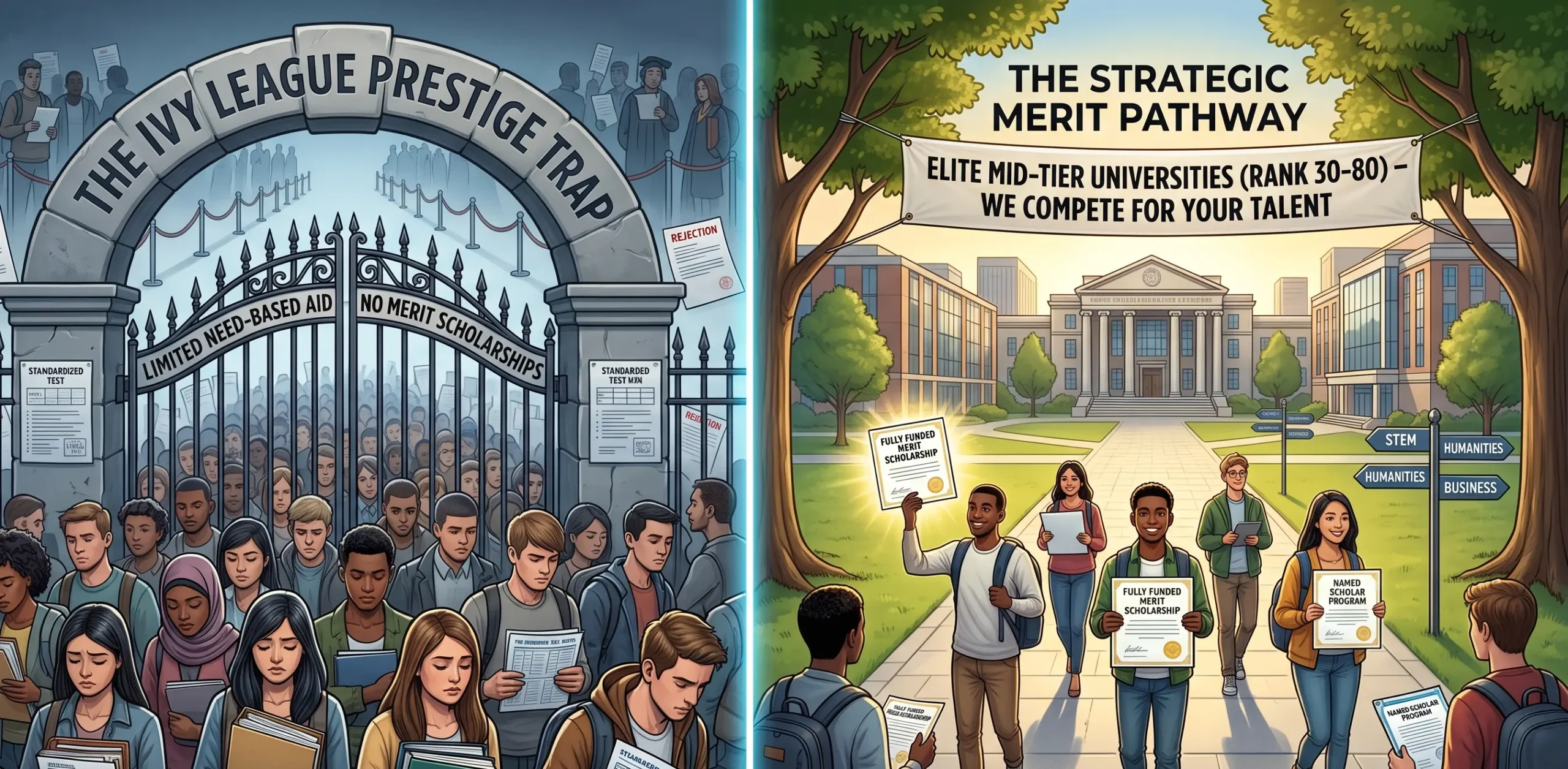A split-screen illustration comparing choices for mid-tier US college funding. On the left, a dark, crowded archway labeled "The Ivy League Prestige Trap" shows stressed students holding rejection letters. On the right, a bright campus labeled "The Strategic Merit Pathway" shows diverse students holding fully funded scholarship certificates.